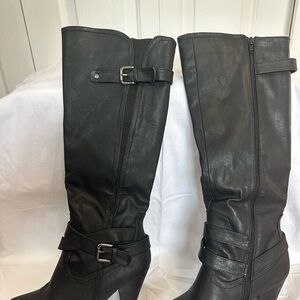 Black Over the Knee Leather Boots with Buckle Details